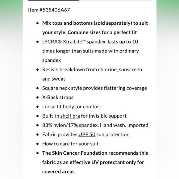 Land’s End square neck tankini top X Back top emerald green navy palm print Var - Picture 5 of 5